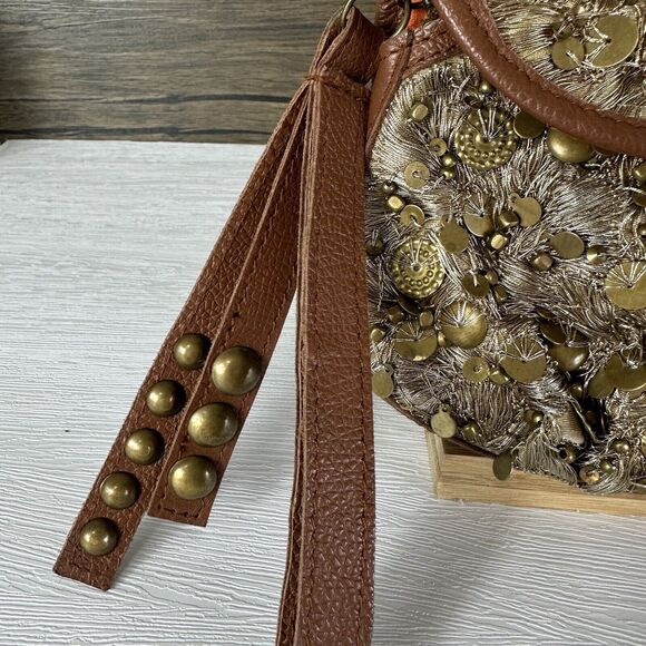 Anthropologie Lucky Penny Beaded Bag Gold Sequin Wristlet Clutch Coin Mini - Picture 2 of 10